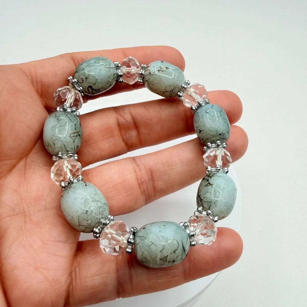 Vintage Silver Tone Beaded Stretch Bracelet Green Simulated Turquoise Glass Boho